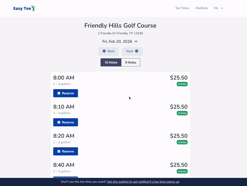 Easy Tee Golf booking example